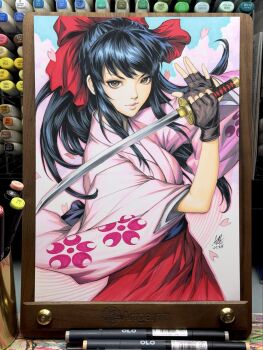 1girl artist_name black_hair bow breasts brown_eyes cherry_blossoms fighting_stance fingerless_gloves gloves hair_ribbon highres japanese_clothes legs long_hair long_skirt medium_breasts pink_lips ponytail red_bow ribbon sakura_taisen sega shinguuji_sakura skirt smile solo sword thighs traditional_media weapon