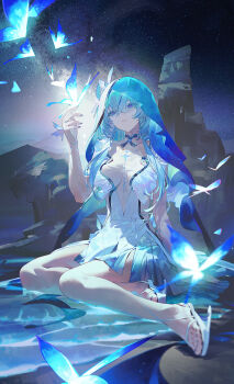 1girl armlet blue_butterfly blue_dress blue_eyes blue_hair blue_nails blue_veil breasts breasts_apart bug butterfly butterfly_on_hand commentary dress fingernails hair_between_eyes hand_up heel-less_heels high_heel_sandals high_heels highres insect jewelry long_hair looking_at_animal medium_breasts modare nail_polish night outdoors parted_lips sandals shore shorekeeper_(wuthering_waves) sitting sky sleeveless sleeveless_dress solo star_(sky) starry_sky toenail_polish toenails two-tone_veil veil white_veil wuthering_waves yokozuwari