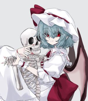 1girl ascot bat_wings blue_hair bone commentary_request fingernails hair_between_eyes hand_grab hat hat_ribbon long_fingernails mob_cap pointy_ears puffy_short_sleeves puffy_sleeves red_ascot red_eyes red_nails red_ribbon remilia_scarlet ribbon senao_o172 short_hair short_sleeves simple_background skeleton skirt skirt_set smile solo touhou white_background wings wrist_cuffs