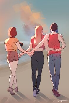 3girls arm_tattoo beanie blue_hair brown_hair chloe_price hand_on_another&#039;s_arm hat highres life_is_strange_(series) life_is_strange_1 long_hair max_caulfield medium_hair multiple_girls orange_hair orange_shirt pants rachel_amber sango-blep shirt shoes short_hair shorts sky sneakers tattoo