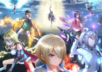 1boy 6+girls absurdres angel_wings animal_ears aoi_erika aqua_eyes arm_up asaba_touka bare_shoulders bare_tree beret black_cape black_gloves black_hair black_jacket black_pants blonde_hair blue_eyes blue_jacket blue_skirt boots breasts brown_hair cape carole_peppers chain closed_mouth cloud commentary_request crystal detached_sleeves double_bun dress elbow_gloves energy_sword eye_mask eyepatch feathered_wings fire flying gloves green_eyes green_skirt grey_hair gun hair_between_eyes hair_bun hair_ornament hair_over_one_eye hairclip hakama hakama_skirt handgun hat heaven_burns_red highres holding holding_gun holding_polearm holding_staff holding_sword holding_weapon ice jacket japanese_clothes kayamori_ruka kimono long_bangs long_hair long_sleeves looking_at_viewer magic mask mechanical_wings medium_breasts medium_hair miko miniskirt mouth_mask multiple_girls night nikaidou_misato one_eye_covered ooshima_ichiko outdoors pants parted_bangs pink_kimono pleated_skirt polearm purple_eyes red_eyes red_hakama red_skirt school_uniform shirakawa_yuina shirt short_hair skirt sky sleeveless smile socks staff straight_hair swept_bangs sword thigh_boots thighhighs tree v-shaped_eyebrows very_long_hair vest weapon white_gloves white_jacket white_shirt white_thighhighs wide_sleeves wings yamawaki_bon_ivar yanagi_mion zettai_ryouiki