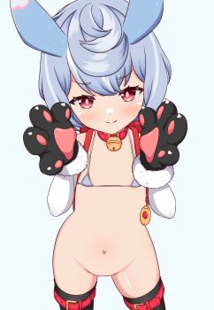 1girl =w= absurdres antennae backpack bag bell bikini black_thighhighs blush bra collar crime_prevention_buzzer elbow_gloves flat_chest fur_trim genshin_impact gloves hair_between_eyes highres loli looking_at_viewer micro_bikini navel neck_bell no_panties paw_gloves randoseru red_collar red_eyes short_hair sigewinne_(genshin_impact) stomach swimsuit thigh_strap thighhighs thighs underwear white_background white_gloves