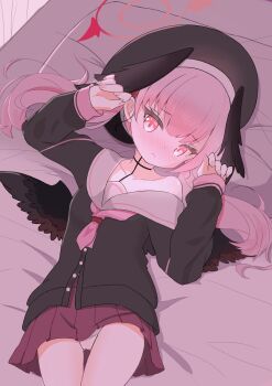 1girl absurdres beret black_cardigan black_hat black_wings blue_archive blush cardigan closed_mouth commentary_request cowboy_shot dot_nose feathered_wings frown grey_sailor_collar hair_spread_out halo hands_up hat head_on_pillow highres koharu_(blue_archive) long_hair long_sleeves looking_at_viewer lying mini_wings miniskirt neckerchief neyu_tako nose_blush on_back on_bed panties partially_unbuttoned pillow pink_eyes pink_hair pink_halo pink_neckerchief pink_skirt pleated_skirt raised_inner_eyebrows sailor_collar single_off_shoulder skirt solo twintails underwear white_panties wings