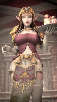 1girl 20s 3d amateurthrowaway animated animated_gif armor blue_eyes bottle bouncing bouncing_breasts breasts brown_hair carrying crown dancing dress drink ear_wiggle earrings elbow_gloves female_focus gloves highres holding holding_tray indoors jewelry lace lace-trimmed_legwear lace_trim large_breasts long_hair looking_at_viewer looping_animation multicolored_dress necklace nintendo parody pauldrons pelvic_curtain pink_dress pointy_ears potion princess princess_zelda shoulder_armor sidelocks solo source_filmmaker_(medium) swaying the_legend_of_zelda the_legend_of_zelda:_twilight_princess thighhighs tray white_dress white_gloves white_thighhighs