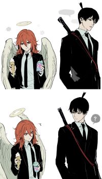 Rule 34 | 2boys, ?, angel, angel devil (chainsaw man), angel wings, black hair, black jacket, black necktie, black suit, chainsaw man, collared shirt, commentary request, formal clothes, hachiaka3, hair between eyes, halo, hayakawa aki, height difference, highres, holding, holding ice cream cone, ice cream cone, jacket, looking at another, male focus, multiple boys, necktie, open clothes, open jacket, red hair, shirt, short hair, simple background, spoken question mark, suit, suit jacket, topknot, traditional halo, upper body, weapon, weapon on back, white background, white shirt, white wings, wings