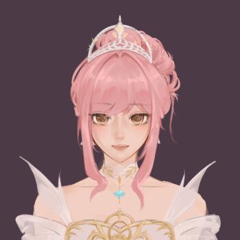 Rule 34 | 1girl, armor, bare shoulders, breastplate, brown eyes, chinese commentary, choker, closed mouth, collarbone, commentary request, dress, duifangzhengzaishuru82069, earrings, expressionless, eyelashes, hair bun, hair intakes, highres, infinity nikki, jewelry, lace, lace choker, light smile, lipstick, looking at viewer, makeup, melody bloom (infinity nikki), nikki (nikki), nikki (series), off-shoulder dress, off shoulder, pink hair, pink lips, purple background, short hair with long locks, short sleeves, sidelocks, simple background, single hair bun, solo, straight-on, tiara, upper body, white choker, white dress