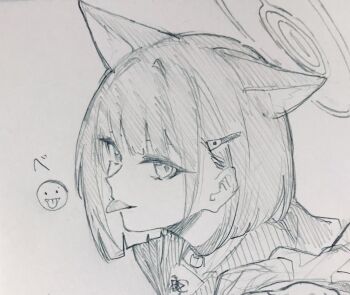 Rule 34 | 1girl, animal ear fluff, animal ears, blue archive, cat ears, commentary request, greyscale, hair ornament, hairclip, halo, highres, kazusa (blue archive), looking at viewer, monochrome, senpuki, short hair, simple background, sketch, solo, tongue, tongue out, upper body