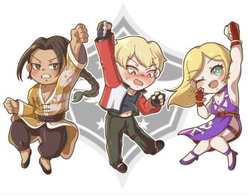 Rule 34 | 1girl, 2boys, b. jenet, belt, blonde hair, blue eyes, bracelet, braid, braided ponytail, breasts, chbi, choker, cleavage, dress, earrings, fatal fury, fingerless gloves, garou: mark of the wolves, gato (snk), gloves, gold bracelet, high heels, jacket, jewelry, large breasts, long hair, multiple boys, navel, one eye closed, open mouth, purple dress, purple shoes, red eyes, rock howard, shoes, sideboob, snk, the king of fighters, the king of fighters xv, thigh strap