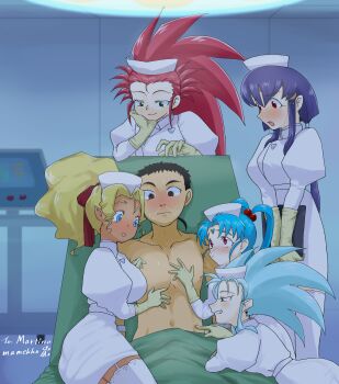 1boy 5girls absurdres commission gloves hakubi_ryoko hakubi_washuu hat highres hug kuramitsu_mihoshi laboratory latex latex_gloves masaki_aeka_jurai masaki_sasami_jurai masaki_tenchi meyama_mamezou multiple_girls nude nurse nurse_cap operating_table poking_belly skeb_commission table tenchi_muyou!