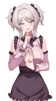 Rule 34 | 1girl, absurdres, alternate hairstyle, black skirt, blue eyes, breasts, commentary, english commentary, faust (project moon), finger to mouth, grey hair, highres, large breasts, limbus company, looking at viewer, project moon, purple shirt, shirt, short hair, shushing, simple background, skirt, solo, twintails, white background, zerobig