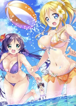 10s 3girls :d ayase_eli bad_id bad_pixiv_id ball barefoot beachball bikini black_hair blonde_hair blue_eyes blue_sky bouncing breast_envy breasts day flat_chest flower frilled_bikini frills front-tie_bikini_top front-tie_top grabbing_another's_breast green_eyes groping hair_flower hair_ornament halterneck highres kurou_(quadruple_zero) large_breasts long_hair love_live! love_live!_school_idol_festival love_live!_school_idol_project low_twintails multiple_girls navel ocean open_mouth orange_bikini ponytail print_bikini purple_bikini purple_hair red_eyes short_hair side-tie_bikini_bottom sky smile swimsuit tojo_nozomi twintails wading wardrobe_malfunction water yazawa_nico