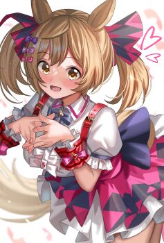 1girl absurdres ame_sagari animal_ears blonde_hair blue_bow blush bow breasts brown_eyes commentary crossed_fingers hair_bow hair_ribbon high-waist_skirt highres horse_ears horse_girl horse_tail looking_at_viewer open_mouth pink_bow pink_ribbon pink_skirt purple_bow ribbon shirt short_sleeves sidelocks skirt smart_falcon_(love_4ever)_(umamusume) smart_falcon_(umamusume) solo tail twintails umamusume white_shirt wrist_cuffs