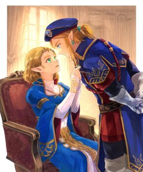1boy 1girl adjusting_another's_clothes aqua_eyes arms_behind_back beret black_pants blue_dress blue_hat border breasts bridal_gauntlets chair cowboy_shot curtains dress earrings gloves gold_trim green_eyes hair_tie hat hetero highres indoraptor jewelry layered_sleeves light_smile link long_dress low_ponytail medium_breasts medium_hair military_hat military_uniform nintendo official_alternate_costume pants parted_lips pointy_ears ponytail princess_zelda royal_guard_set_(zelda) sanami sitting the_legend_of_zelda the_legend_of_zelda:_breath_of_the_wild thick_eyebrows tiara white_border white_gloves window