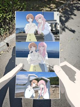 Rule 34 | 2girls, bang dream!, bang dream! it's mygo!!!!!, blue eyes, blue skirt, braid, brown hair, cheek poking, chihaya anon, chinese commentary, clenched teeth, closed mouth, commentary request, day, grey eyes, half up braid, heart arms, heart arms duo, highres, long hair, mount fuji, mrwule, multiple girls, nagasaki soyo, off-shoulder shirt, off shoulder, one eye closed, outdoors, photo (object), photo background, pink hair, poking, pov, pov hands, shirt, short hair, short sleeves, skirt, teeth, v, white shirt