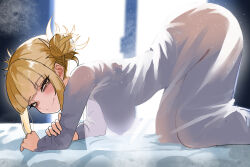 Rule 34 | 1girl, absurdres, all fours, bags under eyes, blonde hair, boku no hero academia, breasts, closed mouth, commentary, double bun, hair bun, hanging breasts, highres, indoors, large breasts, looking at viewer, messy hair, see-through, see-through shirt, see-through silhouette, sidelocks, slit pupils, smile, solo, toga himiko, window, yellow eyes, zd (pixiv6210083)