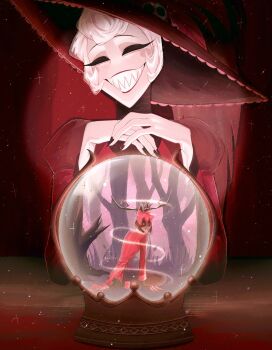 1boy 1girl alastor_(hazbin_hotel) black_pants collared_shirt commentary dress hazbin_hotel hellaverse highres i1i1i1i1i1 long_dress pants pink_shirt red_dress red_hair rosie_(hazbin_hotel) sharp_teeth shirt short_hair symbol-only_commentary teeth white_hair