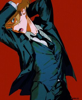 1boy arm_behind_head arms_up artist_name black_jacket black_mouth black_necktie black_pants black_vest blonde_hair blue_eyes collarbone collared_shirt commentary cowboy_shot elliot_(par0llel) film_grain hair_behind_ear hair_between_eyes hand_on_own_head highres jacket lapels layered_sleeves leaning_back long_sleeves looking_at_viewer male_focus necktie open_clothes open_jacket original pants par0llel red_background shirt short_hair simple_background solo standing teeth tongue very_short_hair vest white_shirt