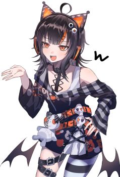 1girl :d absurdres animal_ear_headphones animal_ears asymmetrical_legwear bat_wings belt black_belt black_collar black_hair black_sweater cat_ear_headphones cat_ears collar commentary_request cowboy_shot ekaze202 fake_animal_ears hand_on_own_hip hand_up headphones highres long_sleeves looking_at_viewer low_wings mahou_shoujo_no_majo_saiban multicolored_hair open_mouth orange_belt pantyhose sawatari_coco sharp_teeth simple_background single_leg_pantyhose skull smile solo standing streaked_hair striped_clothes striped_pantyhose striped_sleeves stuffed_animal stuffed_cat stuffed_toy sweater teeth thigh_belt thigh_strap white_background wings