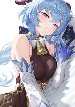 1girl armpit_crease bell black_gloves blue_hair blush breasts detached_sleeves ganyu_(genshin_impact) genshin_impact gloves goat_horns highres horns kakabos long_hair looking_at_viewer lying medium_breasts neck_bell on_side parted_lips red_eyes skin_tight solo very_long_hair white_background