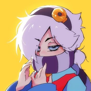 1girl annabird2520 brawl_stars colette_(brawl_stars) covered_mouth expressionless hair_over_one_eye hairband hands_up long_sleeves looking_at_viewer non-web_source ponytail portrait scarf scarf_over_mouth shirt solo striped_clothes striped_scarf upper_body white_hair yellow_background