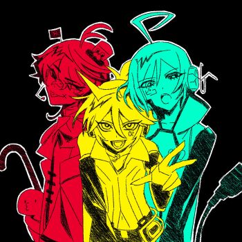 3boys :p absurdres ahoge ascot bandaid bandaid_on_face bandaid_on_nose bishounen black_background black_sleeves cane collarbone crossed_bandaids detached_sleeves facial_tattoo fukase hat head_flag headphones heterochromia highres holding holding_cane huge_ahoge kagamine_len limited_palette long_sleeves male_focus mini_hat mini_top_hat multiple_boys multiple_monochrome number_tattoo one_eye_closed open_mouth outline plug reaching reaching_towards_viewer shirt short_hair sidelocks simple_background tattoo teeth tongue tongue_out top_hat utatane_piko vocaloid white_outline yuzuyooja