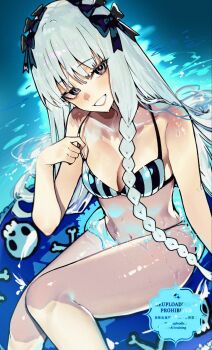 Rule 34 | 1girl, bare shoulders, bikini, black bow, black eyes, blush, bow, braid, breasts, cleavage, commentary request, fate/strange fake, fate (series), francesca prelati (fate), grin, hair bow, highres, innertube, kabosoi mangaka, long hair, looking at viewer, medium breasts, navel, ringed eyes, sidelocks, smile, solo, striped bikini, striped clothes, swim ring, swimsuit, thighs, very long hair, water, white bikini, white hair