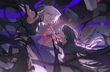 2girls bare_shoulders black_blood black_hair blood blood_from_mouth casting_spell chest_harness chief_(path_to_nowhere) chinese_commentary closed_eyes collared_shirt commentary debris earclip earrings entangled face-to-face female_chief_(path_to_nowhere) grey_eyes grey_hair grey_lips grey_shirt hair_behind_ear harness highres jewelry liiger long_hair medium_hair midriff multiple_girls path_to_nowhere reaching reaching_towards_another restrained scratches shirt shoulder_tattoo sleeveless sleeveless_shirt tattoo tendril toned toned_female tribal_tattoo turtleneck turtleneck_shirt upper_body zoya_(path_to_nowhere)