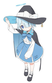 1girl absurdres alternate_costume ame_miya_ta arona_(blue_archive) ascot black_cape black_shoes blue_archive blue_cape blue_eyes blue_hair blue_halo blue_skirt blush bobby_socks bow braid cape collared_cape collared_shirt colored_inner_hair commentary_request frilled_skirt frills full_body hair_over_one_eye hair_ribbon halo hat hat_bow highres layered_skirt long_sleeves looking_at_viewer medium_hair multicolored_hair pink_hair ribbon shirt shoes sidelocks simple_background single_braid skirt socks solo two-sided_cape two-sided_fabric white_ascot white_background white_bow white_hat white_ribbon white_shirt white_socks witch witch_hat