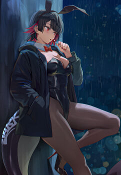 1girl amiki_yuzuru animal_ears black_hair black_jacket black_leotard black_pantyhose blush bow bowtie breasts candy cleavage colored_inner_hair commentary covered_navel detached_collar ear_piercing ellen_joe english_commentary fake_animal_ears fins fish_tail food hand_in_pocket high_heels highleg highleg_leotard highres holding holding_candy holding_food holding_lollipop hood hood_down hooded_jacket jacket leotard lollipop medium_breasts multicolored_hair open_clothes open_jacket pantyhose piercing playboy_bunny rain red_bow red_bowtie red_eyes red_hair shark_girl shark_tail short_hair solo tail thick_thighs thighs zenless_zone_zero