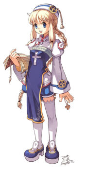 1girl 2005 archived_source arm_at_side artist_name beads blonde_hair blue_dress blue_eyes blue_shoes blue_shorts book bookmark braid braided_ponytail breasts commentary_request cross dated_commentary dress fingernails full_body hair_tie hat hat_tassel high_collar holding holding_book juliet_sleeves lace lace-trimmed_thighhighs lace_trim latin_cross legs_apart long_hair long_sidelocks long_sleeves low-braided_long_hair low-tied_long_hair low_ponytail mandarin_collar medium_breasts narrow_waist open_book original platform_shoes ponytail prayer_beads priestess puffy_shorts puffy_sleeves shirt shoes shorts sidelocks simple_background single_braid skinny solo standing thighhighs tiv white_background white_hat white_shirt white_thighhighs white_wings wide_sleeves winged_sleeves wings