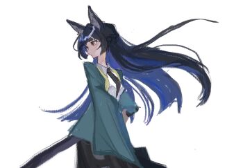 1girl animal_ear_fluff animal_ears black_hair black_necktie blunt_bangs breasts closed_mouth cowboy_shot expressionless fox_ears fox_girl green_jacket highres holding holding_sword holding_weapon hoshimi_miyabi hy04sr jacket long_hair necktie red_eyes shirt sidelocks simple_background skirt solo standing sword weapon white_background white_shirt zenless_zone_zero