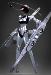 Rule 34 | 1girl, absurdres, breasts, chainsaw, grey background, highres, in orbit, joints, medium breasts, navel, no feet, orb, original, oversized forearms, oversized limbs, robot girl, robot joints, saltfacer, solo, standing