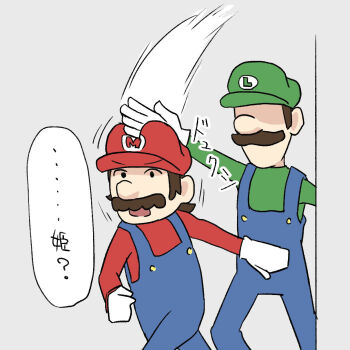 2boys blue_overalls brown_hair chop commentary_request facial_hair gloves green_hat green_shirt grey_background hat highres luigi mario mario_(series) multiple_boys mustache nintendo obscured_eyes open_mouth overalls red_hat red_shirt sagami_sagari shirt speech_bubble translated white_gloves