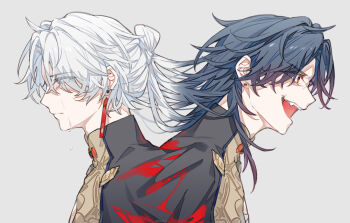 2boys anchun_(quail0503) armor black_hair black_shirt blade_(honkai:_star_rail) blue_eyes breastplate closed_mouth commentary_request conjoined crazy crying crying_with_eyes_open earrings fang from_side grey_background hair_bun highres honkai:_star_rail honkai_(series) laughing light_frown long_hair long_sleeves male_focus multiple_boys ofuda_earrings open_mouth red_eyes shirt simple_background single_hair_bun smile streaming_tears teardrop tears teeth turtleneck turtleneck_shirt upper_teeth_only white_hair wide-eyed yingxing_(honkai:_star_rail)