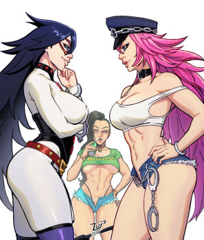 3girls artist_name asymmetrical_hair black_hair blue_eyes blue_shorts bodysuit boku_no_hero_academia breasts brown_eyes can capcom choker cleavage collarbone corset cropped_shirt crossover cuffs denim denim_shorts dominatrix domino_mask drinking drinking_straw eye_mask female_focus garter_belt garter_straps green_shirt hand_on_own_chin hand_on_own_hip handcuffs hat highleg highres holding holding_can jewelry large_breasts laura_matsuda long_hair lucaspflp mask midnight_(boku_no_hero_academia) midriff multiple_girls muscular muscular_female navel open_fly peaked_cap pink_hair pink_lips poison_(final_fight) riding_crop shirt short_shorts shorts skin_tight spiked_hair strap_slip street_fighter street_fighter_v stroking_own_chin superhero_costume superheroine_costume tank_top thighhighs thighs underboob undercut underwear unzipped very_long_hair white_background white_bodysuit white_tank_top wide_hips