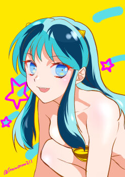 1girl absurdres animal_print aqua_hair artist_name bikini breasts commentary cone_horns fang highres horns looking_at_viewer lum open_mouth orange_background pointy_ears print_bikini sidelocks snow_(snowsnow211) solo star_(symbol) swimsuit teeth tiger_print upper_teeth_only urusei_yatsura