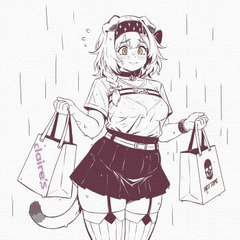 1girl animal_ears arknights bag blush braid caffichai claire's_(company) closed_mouth commentary cowboy_shot english_commentary floppy_ears goldenglow_(arknights) hairband highres hot_topic lightning_bolt_print long_hair rain see-through_clothes see-through_shirt shirt shopping_bag short_sleeves solo tail tareme thick_thighs thighs wet wet_clothes yellow_eyes