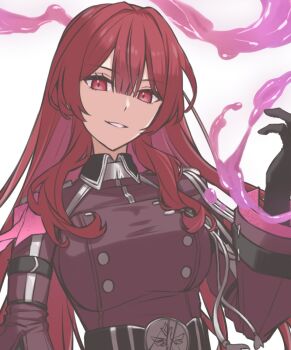 1girl breasts brown_jacket character_request duel_monster eyelashes jacket large_breasts long_hair nue_(nw_0925) red_eyes red_hair simple_background solo upper_body white_background yu-gi-oh!