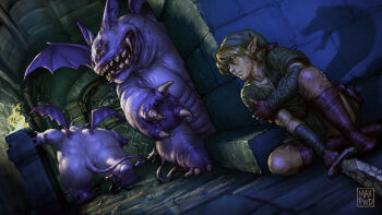 1boy animal_ears bat_ears bat_wings blonde_hair blood blood_on_hands boots brown_boots brown_gloves claws commentary demon_tail demon_wings english_commentary extra_eyes fingerless_gloves fire gloves green_hat green_tunic hand_on_own_arm hat hiding highres indoors injury link male_focus monster nintendo ominous_shadow open_mouth parted_lips phrygian_cap pointy_ears rope_(zelda) shadow sharp_teeth sitting snake studystudiomax tail teeth the_legend_of_zelda the_legend_of_zelda_(nes) tunic v-shaped_eyebrows vire wings