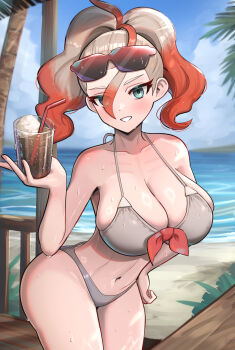 1girl absurdres bare_shoulders beach bikini blue_eyes blue_sky blush breasts cleavage collarbone commentary_request cup eyewear_on_head glasses gonzarez gradient_hair grey_bikini griselle_(pokemon) hair_pulled_back highres holding holding_cup large_breasts looking_at_viewer multicolored_hair navel nintendo ocean open_mouth orange_hair outdoors palm_tree pokemon pokemon_legends:_z-a ponytail red_hair sky smile stomach sunglasses sweat swimsuit tree two-tone_hair water wet white_hair