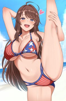1girl :d ahoge american_flag american_flag_bikini american_flag_print arm_up beach bikini blue_eyes blue_sky blush breasts brown_hair cleavage collarbone commentary_request commission day flag_print flag_print_bikini flexible heart highres large_breasts large_variant_set long_hair looking_at_viewer mole mole_under_mouth navel open_mouth original outdoors pixiv_commission print_bikini sidelocks sky smile solo split standing standing_on_one_leg standing_split surippa1010 swimsuit thighs variant_set very_long_hair