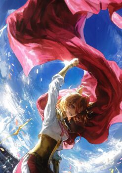 Rule 34 | 1girl, animal ears, arm up, armor, blue sky, breasts, cape, clenched hand, commentary request, confetti, crown, gold corset, hair between eyes, highres, horse ears, horse girl, long sleeves, mini crown, open mouth, orange hair, pink cape, pink crown, purple eyes, seapall, shirt, short hair, shoulder armor, skirt, sky, smile, solo, t.m. opera o (o sole suo!) (umamusume), t.m. opera o (umamusume), teeth, two-tone skirt, umamusume, white shirt