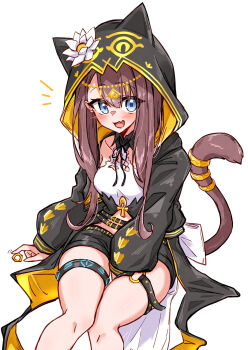 1girl :d absurdres ankh arknights between_legs black_jacket black_ribbon black_shorts blue_eyes blush brown_hair brown_tail eyes_visible_through_hair fang feet_out_of_frame flower gold hair_between_eyes hand_between_legs hand_between_thighs head_chain highres hood hood_up hooded_jacket infection_monitor_(arknights) jacket jewelry long_hair long_sleeves looking_at_viewer maiq06 neck_ribbon notice_lines o-ring o-ring_thigh_strap open_mouth pepe_(arknights) ribbon short_shorts shorts sitting skin_fang smile solo tail tail_ornament tail_raised tail_ring thigh_strap two-sided_fabric two-sided_jacket white_flower yellow_jacket