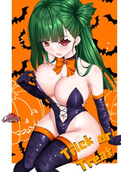 1girl :o absurdres adjusting_clothes adjusting_leotard bare_shoulders bat_background belka_(girls&#039;_frontline_2) black_gloves black_leotard blush boots bow bowtie breasts cleavage cross-laced_clothes cross-laced_leotard elbow_gloves from_above g28_(girls&#039;_frontline) girls&#039;_frontline girls&#039;_frontline_2:_exilium gloves gosofia2 green_hair groin halloween halloween_costume hand_on_own_chest hand_up highleg highleg_leotard highres hip_focus knees_together_feet_apart large_breasts leather leather_gloves leotard long_hair looking_at_viewer looking_up navel no_bra orange_bow orange_bowtie pumpkin_background red_eyes sitting solo strapless strapless_leotard thigh_boots trick_or_treat witch