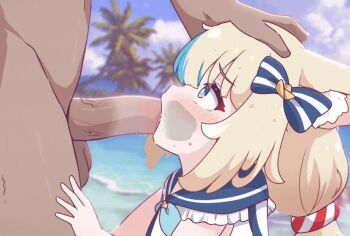 1boy 1girl animal_ears animated beach blonde_hair cat_ears fellatio fins fish_tail from_side hand_on_another&#039;s_head hetero indie_virtual_youtuber kurotofu legs loli long_hair long_twintails oral outdoors penis profile rottenduck sameko_saba solo_focus tagme tail thighs twintails video virtual_youtuber x-ray