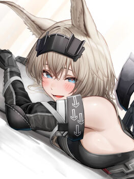 Rule 34 | 1girl, absurdres, animal ear fluff, animal ears, arknights, arknights: endfield, avywenna (arknights), black gloves, blue eyes, blush, breasts, commentary, elbow gloves, gloves, grey hair, highres, large breasts, looking at viewer, lower teeth only, lying, on stomach, open mouth, rabbit ears, rabbit girl, smile, solo, tab head, teeth, textless version