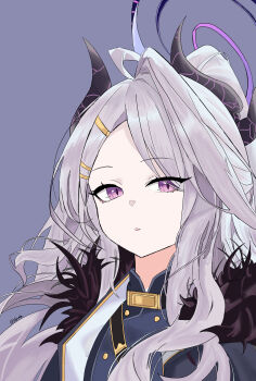 1girl absurdres ahoge black_coat black_halo blue_archive breasts coat coat_on_shoulders demon_girl demon_horns halo highres hina_(blue_archive) horns long_hair looking_at_viewer open_mouth purple_eyes small_breasts solo visgate white_hair
