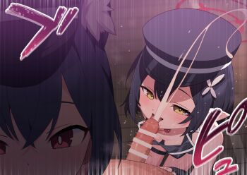 Rule 34 | 1boy, 2girls, animal ear fluff, animal ears, ayane (blue archive), ayane (idol) (blue archive), bar censor, bare shoulders, black gloves, black hair, black hat, blue archive, blush, breasts, cat ears, censored, commentary request, cum, ejaculation, erection, fellatio, ffm threesome, fingerless gloves, flower, from above, gloves, group sex, hair between eyes, hair flower, hair ornament, halo, hat, hetero, highres, large variant set, licking, licking penis, multiple girls, official alternate costume, open mouth, oral, paid reward available, peaked cap, penis, pointy ears, pov, pov crotch, red eyes, robo mikan, sensei (blue archive), serika (blue archive), serika (idol) (blue archive), short hair, small breasts, threesome, tongue, tongue out, variant set, yellow eyes