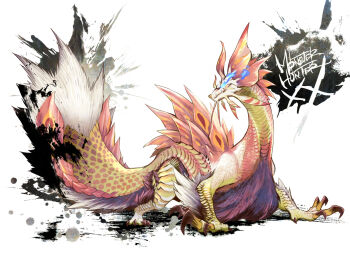 Rule 34 | blue fire, commentary request, copyright name, eye trail, fins, fire, flaming eye, full body, fuse ryuuta, head fins, ink, light trail, mizutsune, monster, monster focus, monster hunter (series), monster hunter xx, no humans, pink scales, purple fur, scar, soulseer mizutsune, tail, white background, white fur, white scales