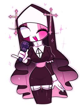 Rule 34 | 1018sus, 1girl, ;d, arm at side, belt, black dress, black thighhighs, black veil, blank eyes, breasts, colored skin, cropped legs, cross, dress, fewer digits, friday night funkin', frilled sleeves, frills, garter straps, hand up, hat, highres, holding, holding microphone, juliet sleeves, long sleeves, looking at viewer, medium breasts, microphone, nun, one eye closed, open mouth, pencil dress, pink belt, pinky out, puffy sleeves, sarvente (friday night funkin'), shirt, simple background, smile, solo, sparkle, standing, teeth, thigh gap, thighhighs, upper teeth only, v-neck, veil, white background, white shirt, white skin, zettai ryouiki